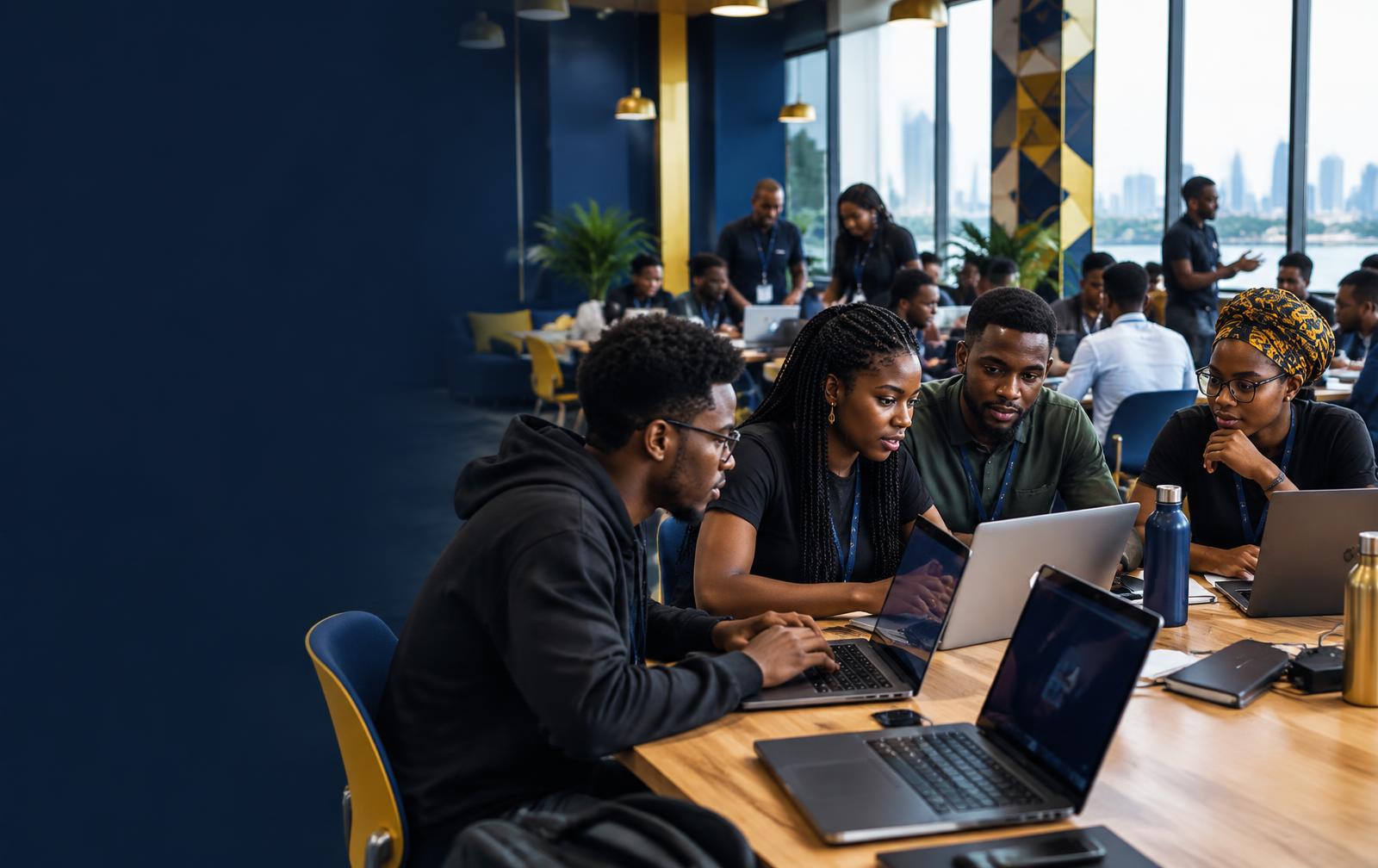 African software builders collaborating around laptops at a hackathon