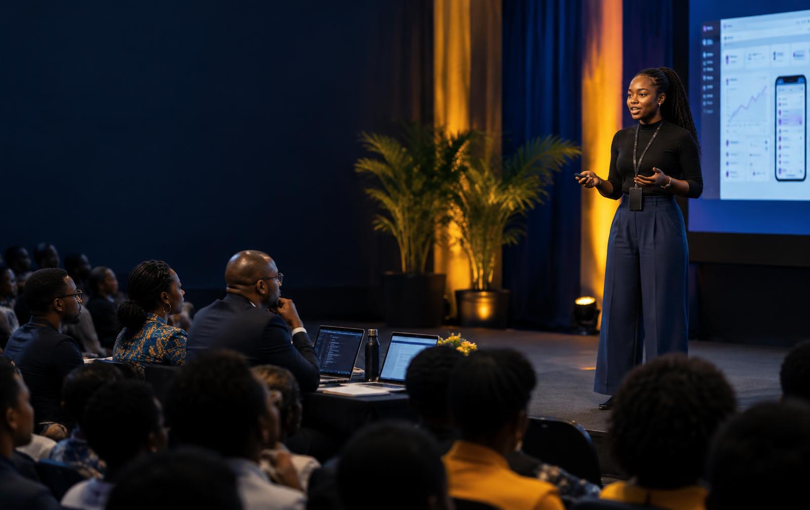 African founder presenting a software product to hackathon judges and participants