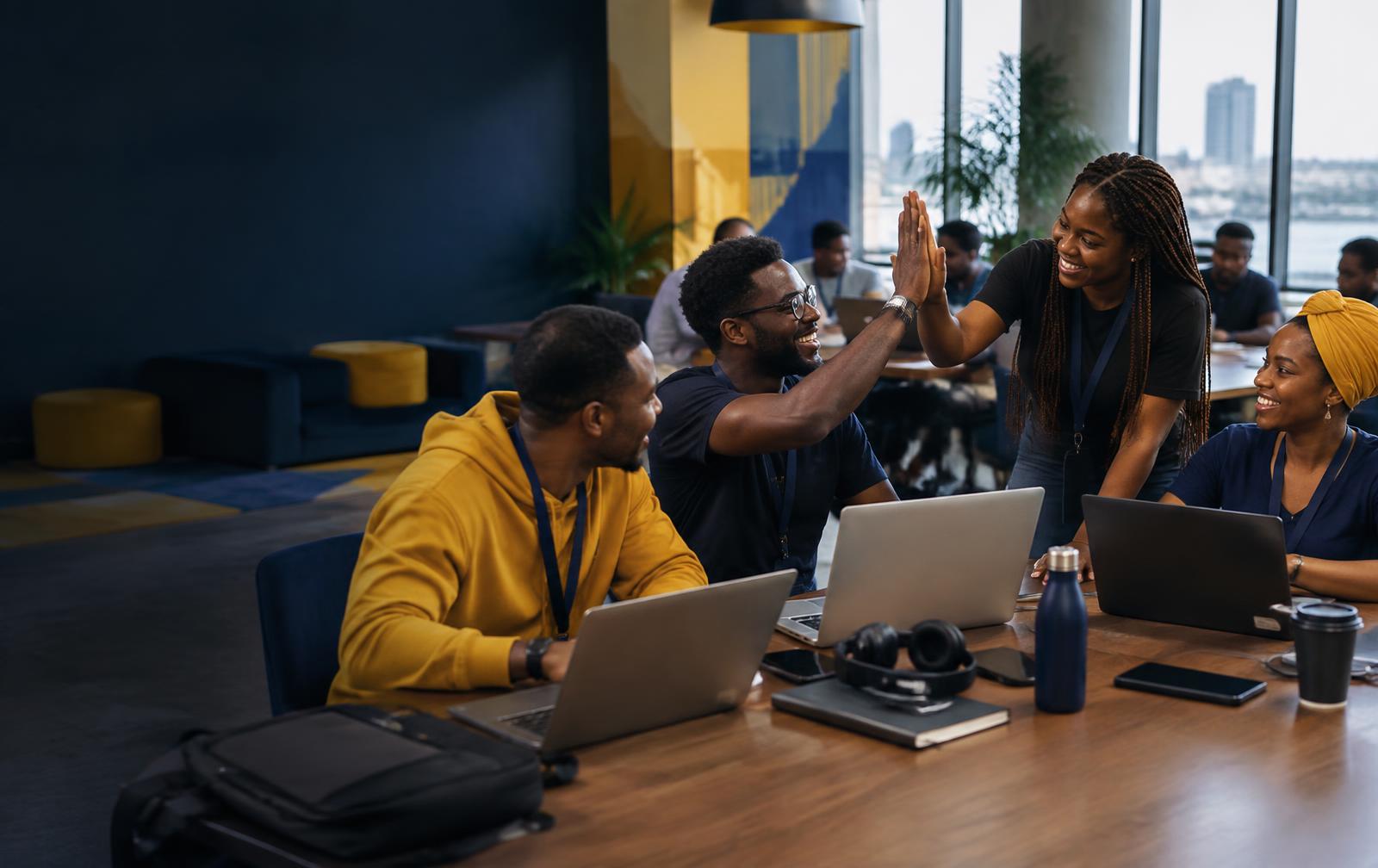 African technology team celebrating progress during a hackathon